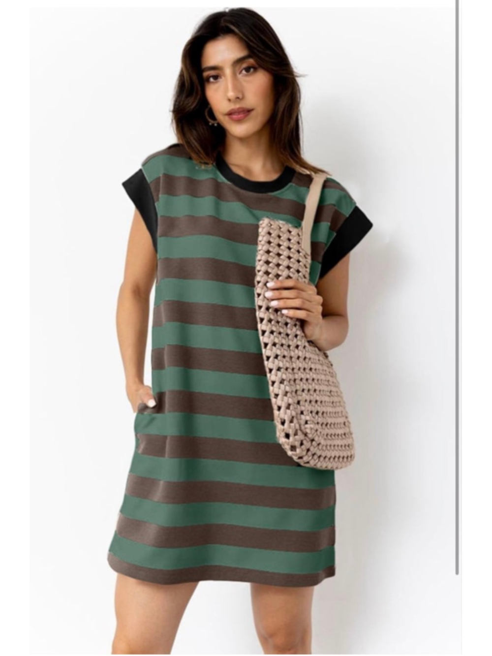 NEW Striped Ribbed Dress Crewneck Cap Sleeve Color Block Pockets S - Picture 4 of 8